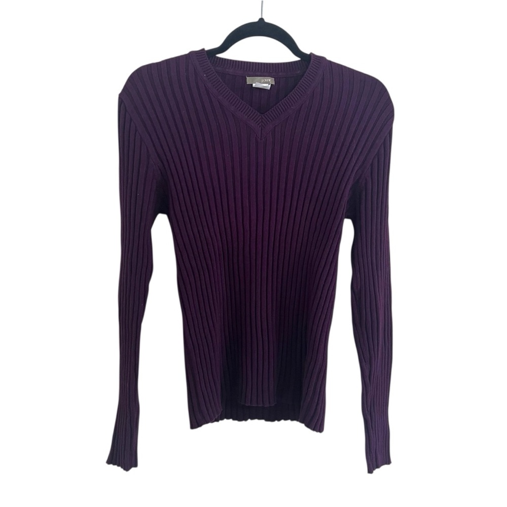 J. Crew Vintage Womens V-Neck Cotton Sweater Plum Ribbed Stretch Large Purple